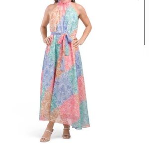 Dalia Macphee Vibrant Floral Backless Maxi Dress